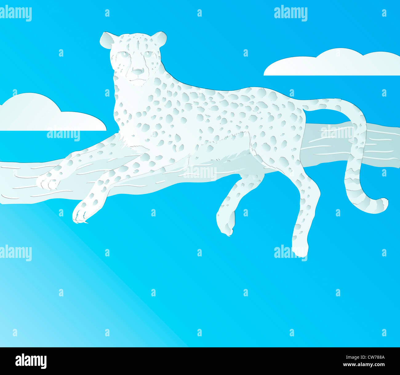 paper cut design Leopard lying on a tree on sky blue background Stock Photo