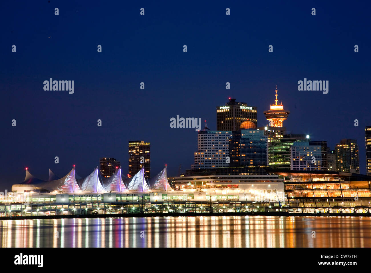 Canada Place in harbour at night, Canada, British Columbia, Vancouver Stock Photo