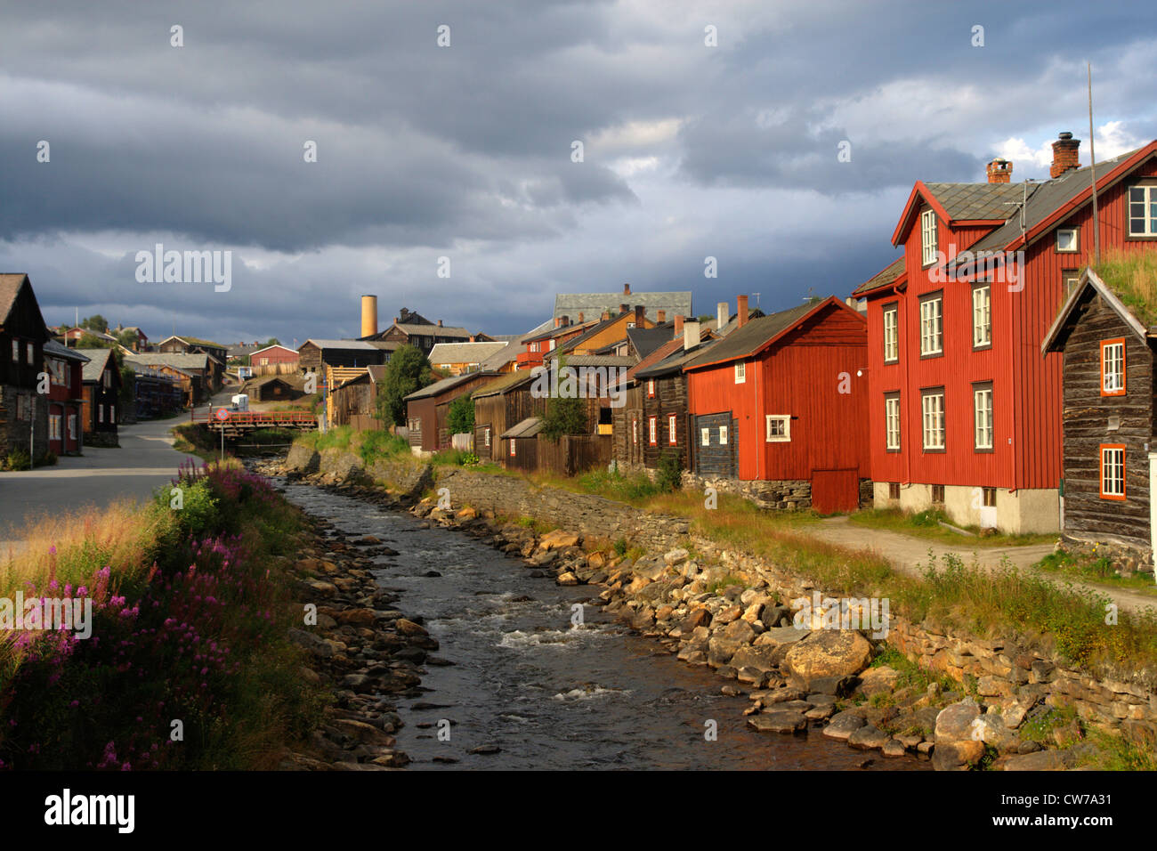 creek in village, Norway, Roeros Stock Photo