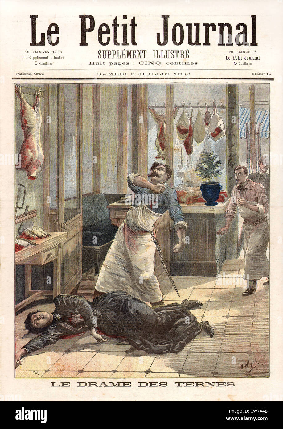 Tragic event in Les Ternes: after the assassination of his wife, the butcher commits suicide Stock Photo