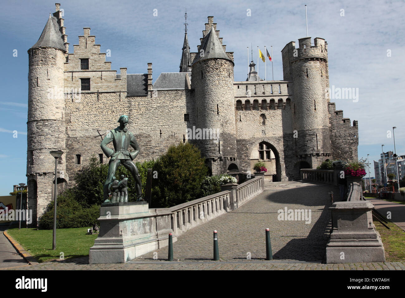 Steen castle at right , Belgium, Flanders, Antwerp Stock Photo