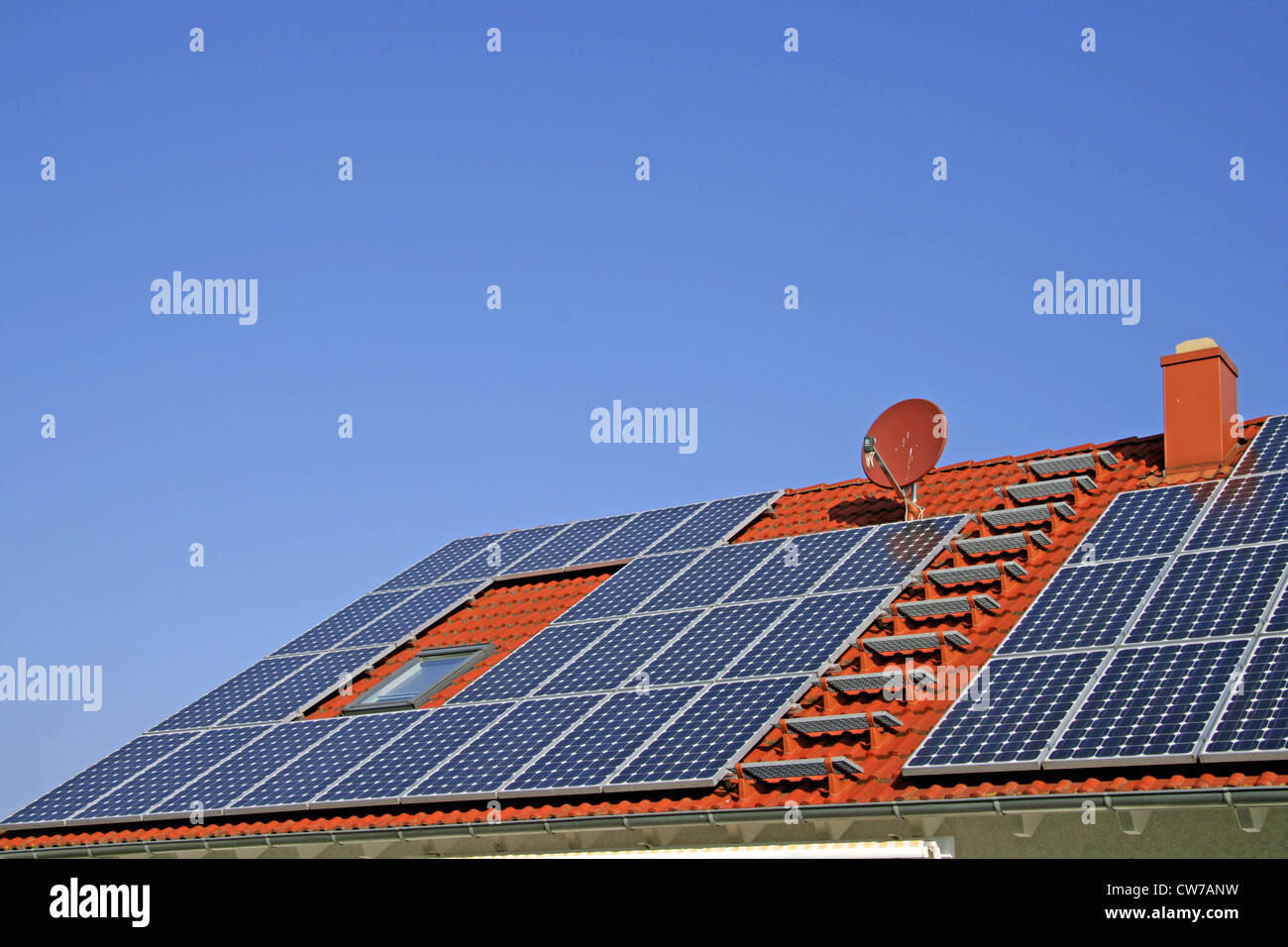 house with photovoltaic on the roof, Germany, Bavaria, Eckersdorf Stock Photo