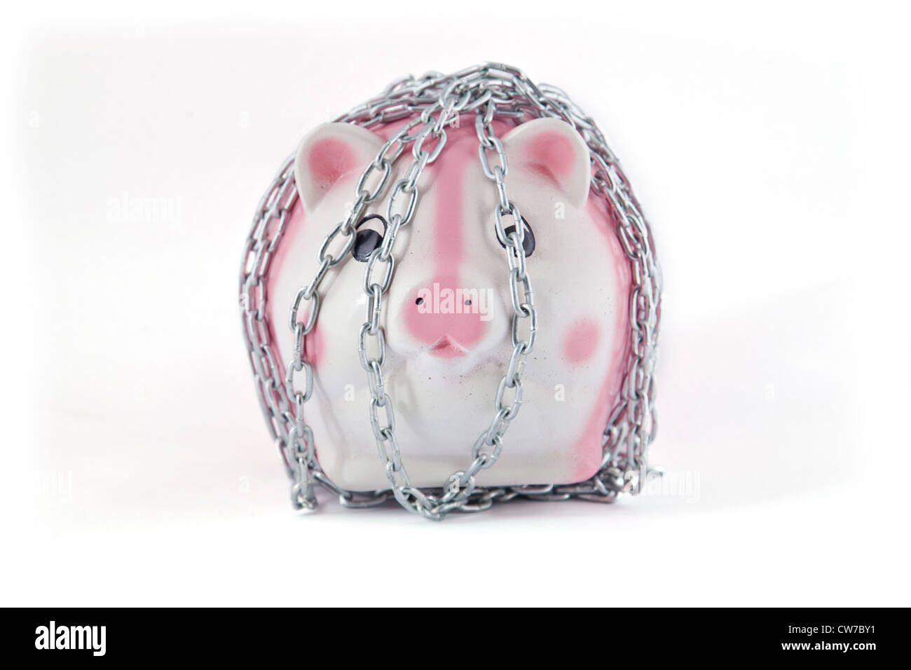 chains and piggy on white. Stock Photo
