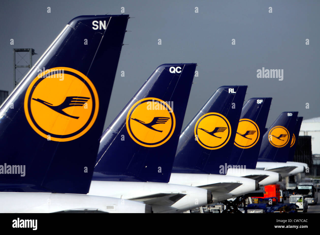 tailpieces of a jet aircraft fleet side by side at an airport terminal, Germany, Hesse, Frankfurt Stock Photo