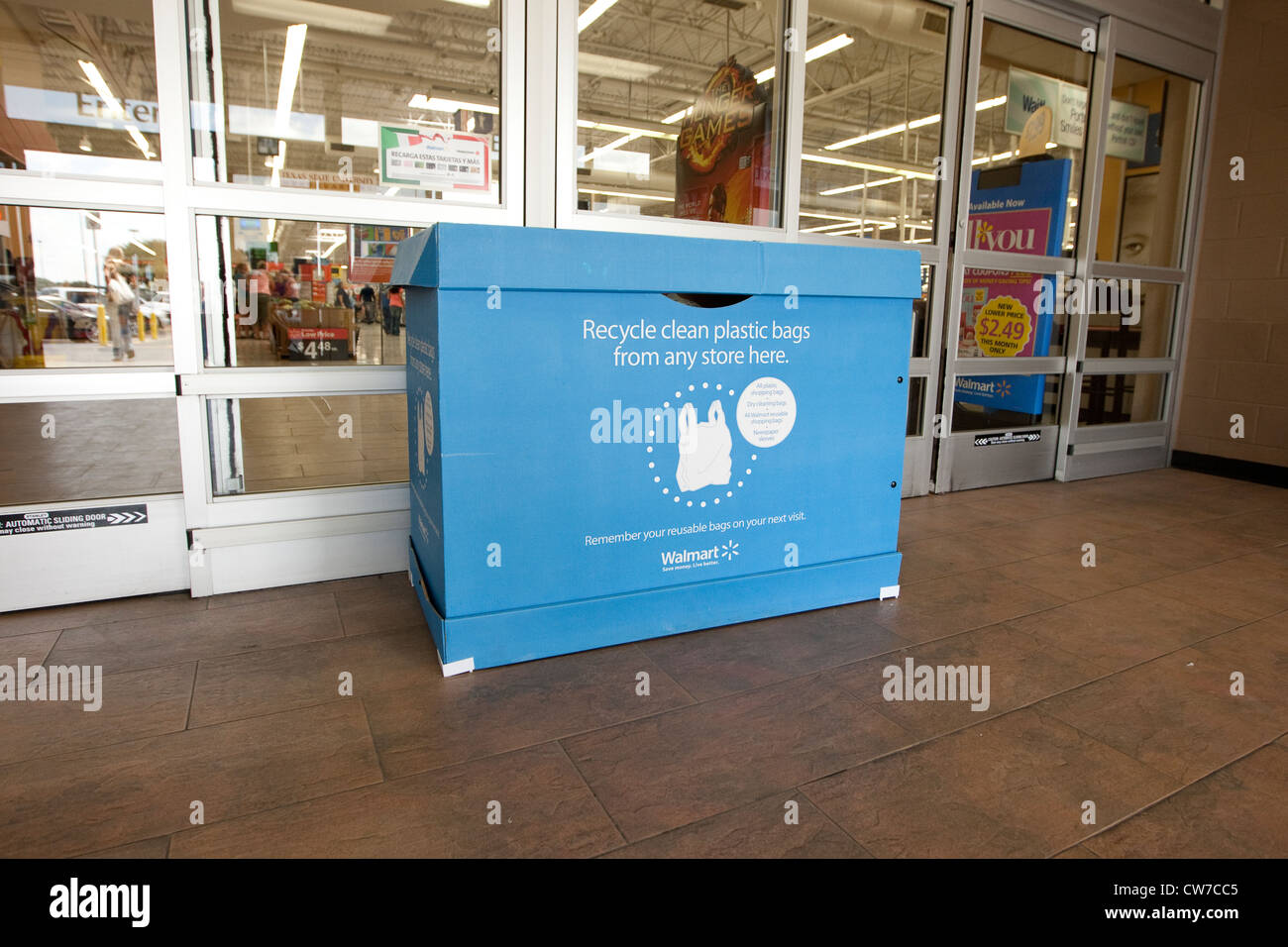 Plastic bag recycling box at entrance of Wal-Mart Supercenter in San Stock Photo: 49950549 - Alamy