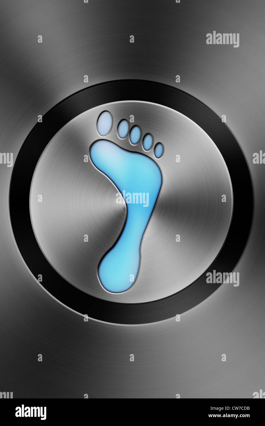 Lit footprint button on a silver brushed aluminium background. Concept image Stock Photo