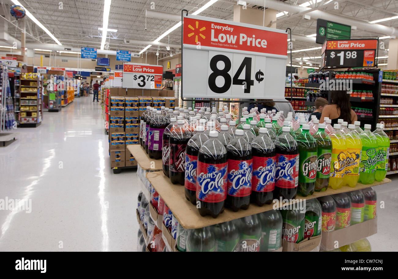 Sign advertising 'everyday Low Price' of Sam's brand soft drinks at a Wal-Mart Supercenter in San Marcos, Texas Stock Photo