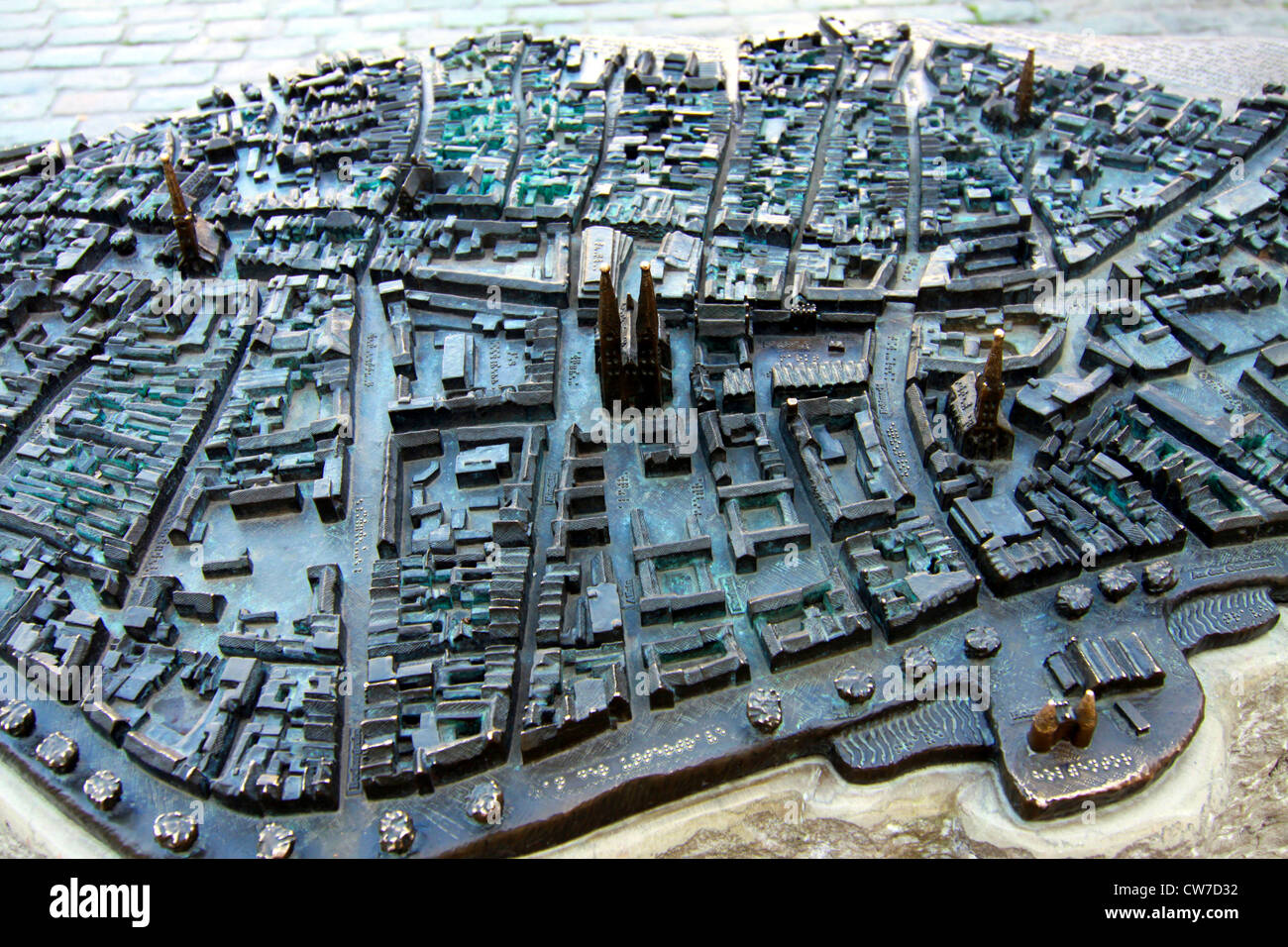 view on a public miniature model of the city centre made of metal, Germany, Schleswig-Holstein, Luebeck Stock Photo