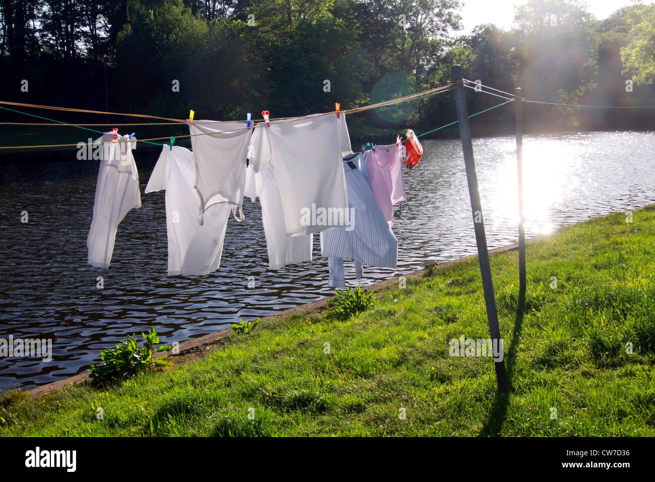 washing on the line at the shore of the lower Trave, Germany, Schleswig-Holstein, Luebeck Stock Photo
