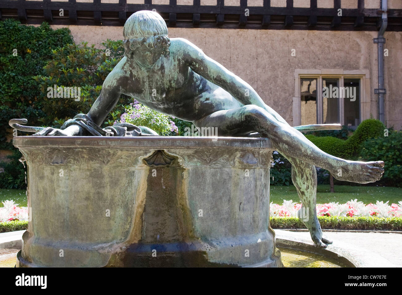 Europe, Germany, Brandenburg, Potsdam, Cecilienhof, where took place the Potsdam Conference in 1945, statue and fountain Stock Photo