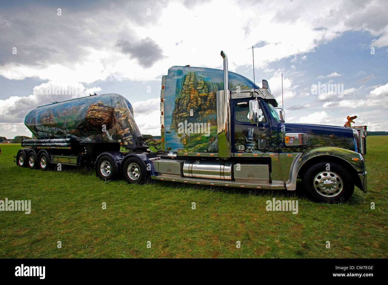 creatively painted truck at the trucker meeting Wolfsmeile, Germany, Schleswig-Holstein, Itzehoe Stock Photo