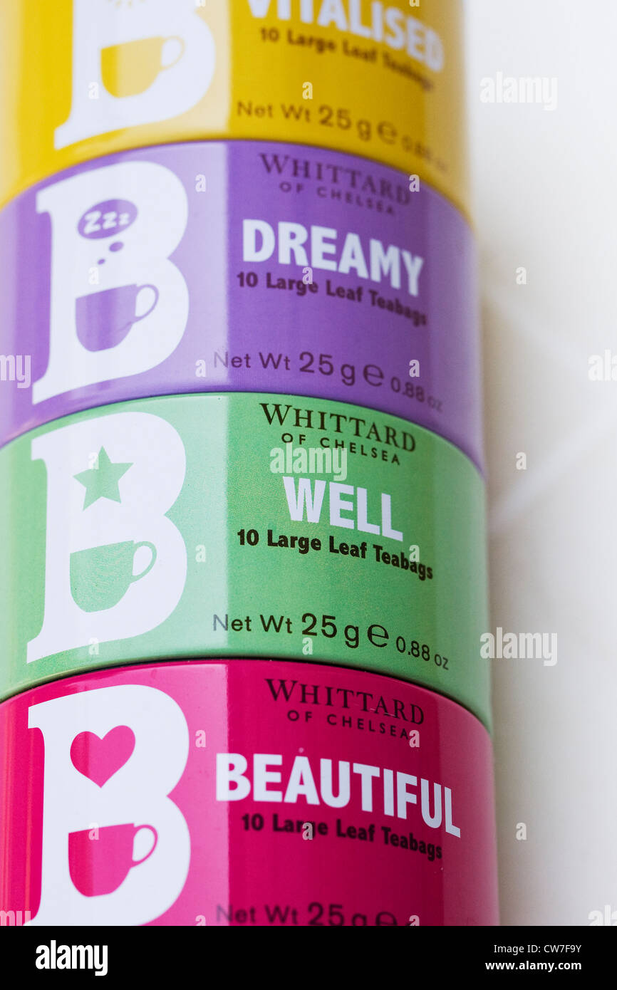 Colourful Whittard tea tins. Stock Photo