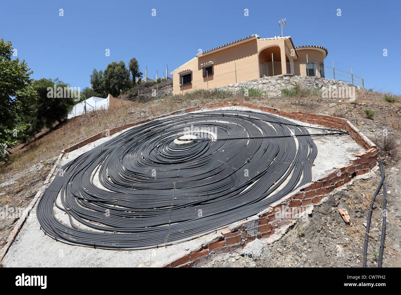 Solar water heating system with black pipe Stock Photo