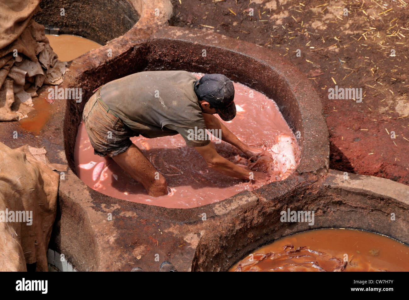 man watering leather in troughs of tanners' and dyers' quarter chouwara, Morocco, Fes Stock Photo