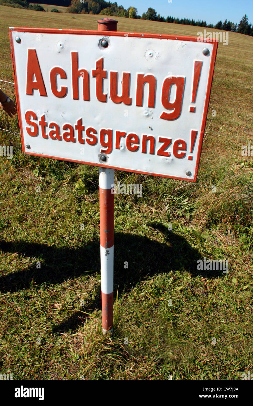 Austrian border crossing point, sign  Achtung Staatsgrenze, Austria Stock Photo