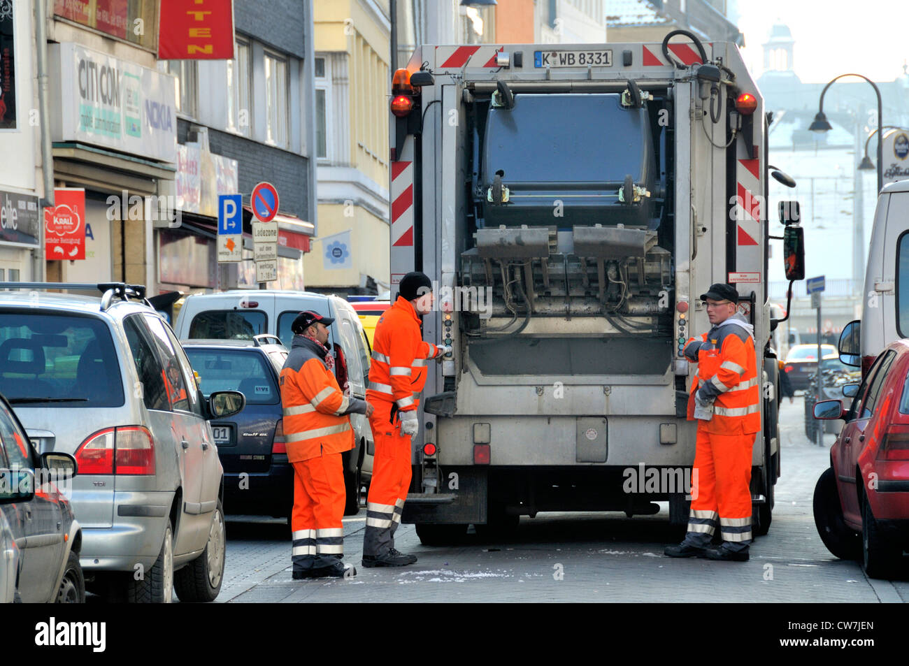 refuse collection service clearing garbage container, Germany, North