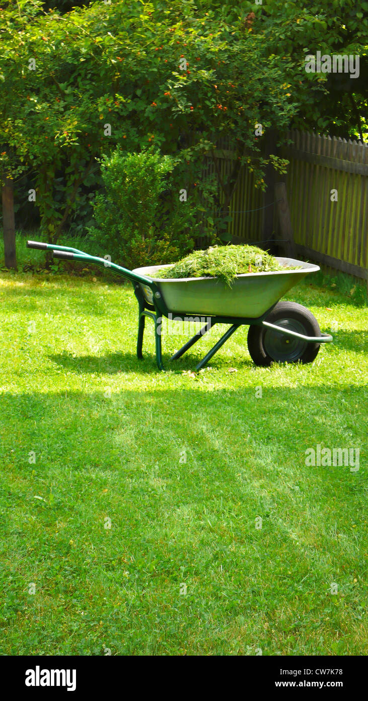 wheelbarrow in a lawn Stock Photo Alamy