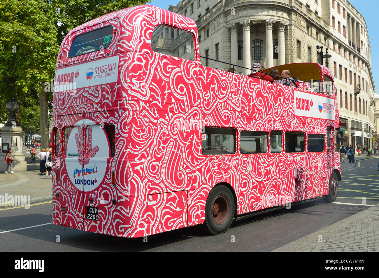 London routemaster double deck open top tour bus decorated in Russian Olympic teams official outfitters colours for the 2012 Olympic games England UK Stock Photo