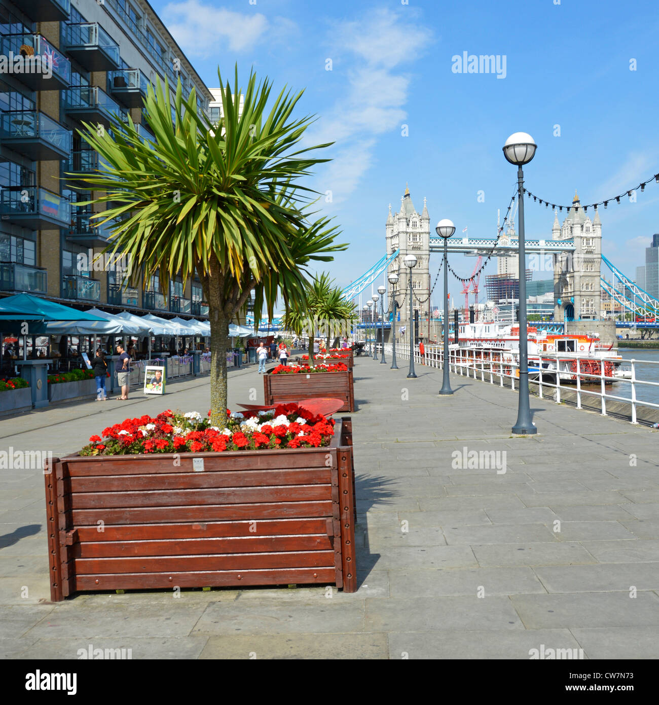 Thames Path Butlers Wharf on River Thames views of Tower Bridge  riverside apartments restaurants canopies & flower cordyline tree planters London UK Stock Photo