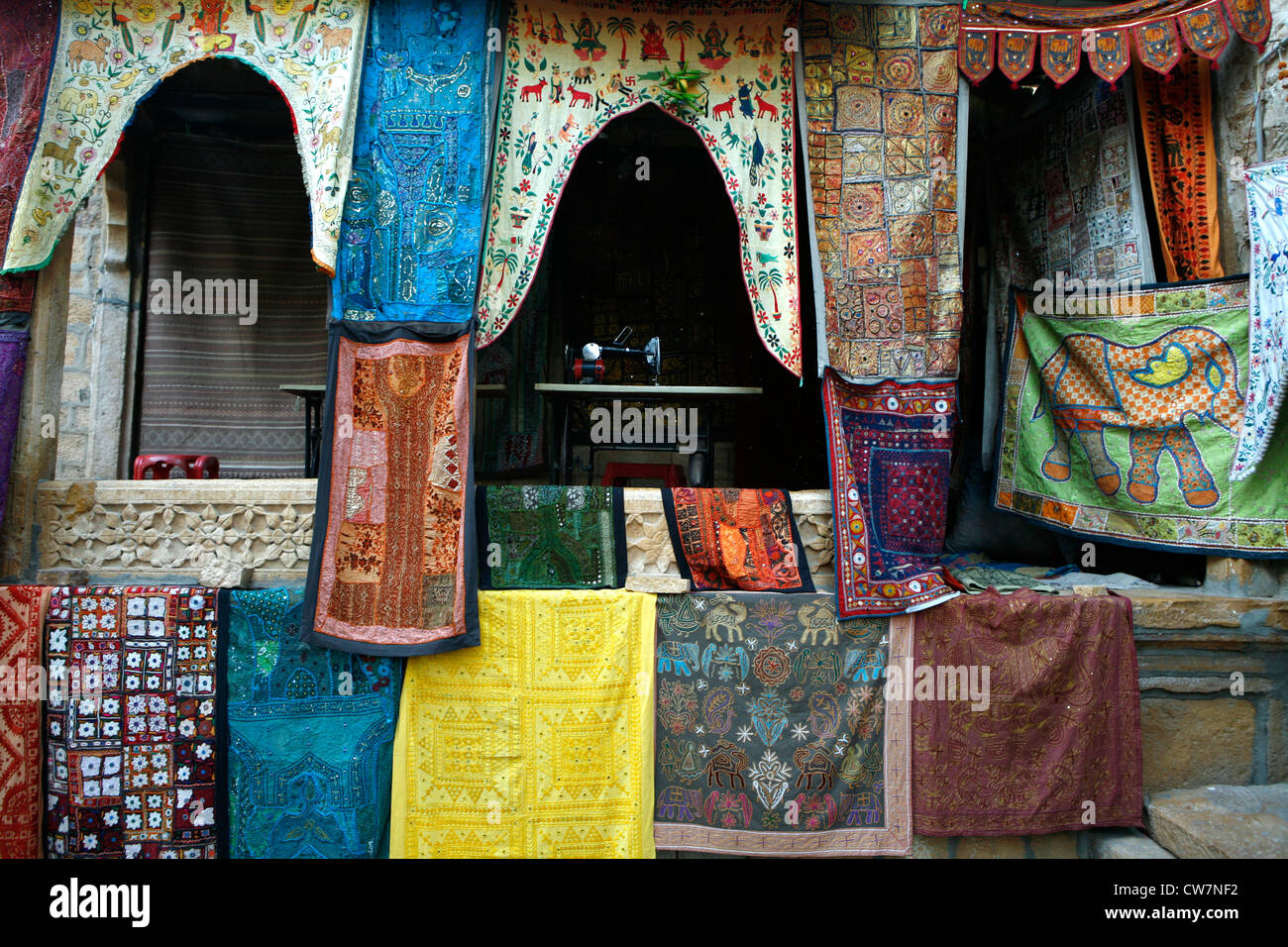 embroideried wall hangings on display at Jaisalmer fort, Rajasthan, India Stock Photo