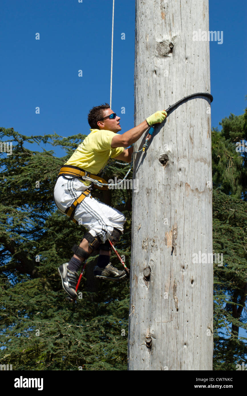 Welsh Open Speed Pole Climbing contestant, Royal Welsh Show 2012, Llanelwedd Builth Wells Wales. Stock Photo
