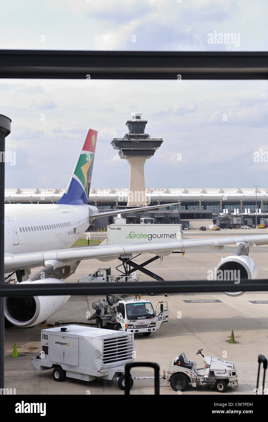 South African airplane at Terminal B Washington Dulles International Airport located in Loudon County Virginia USA Stock Photo