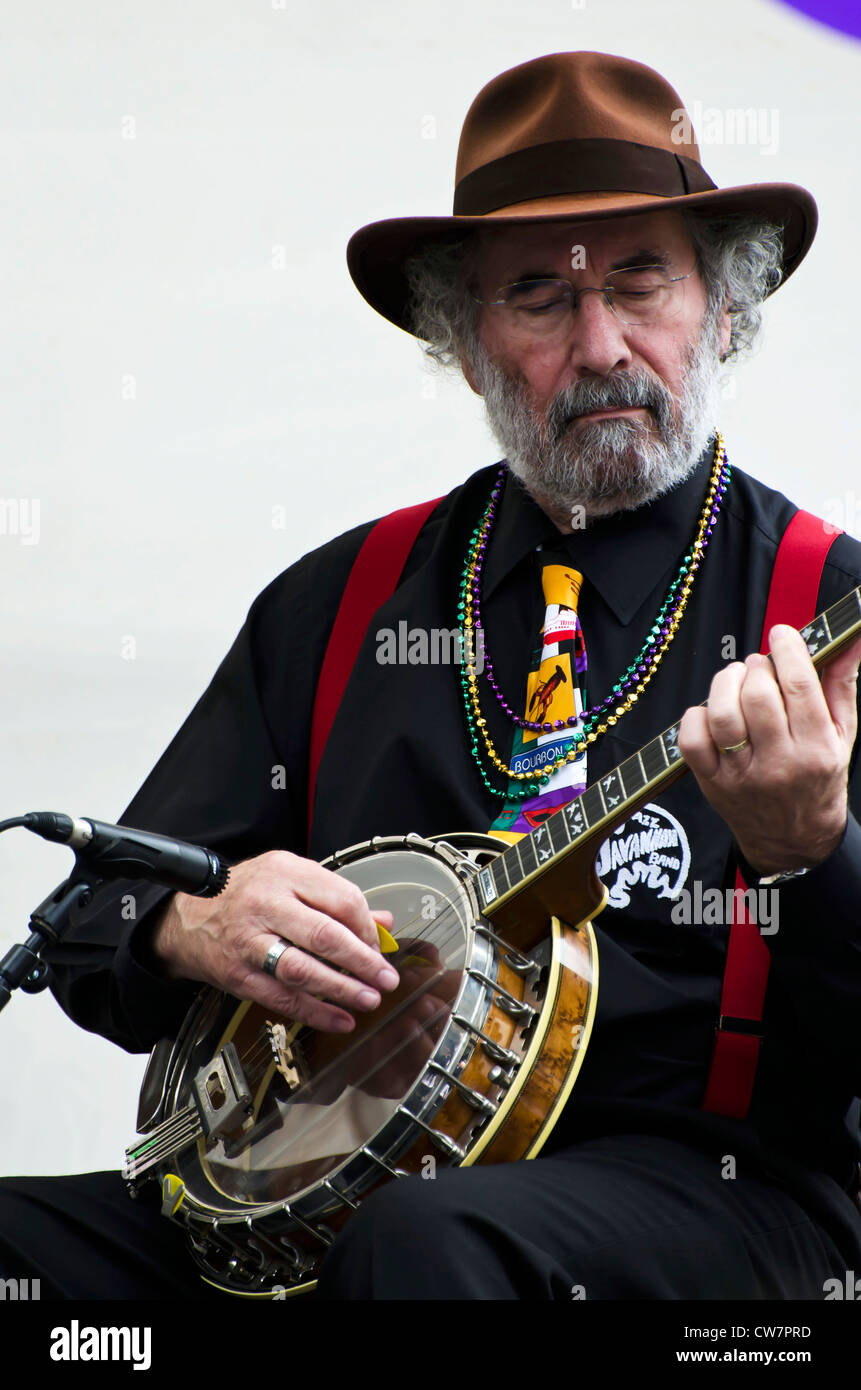 Banjo player with the Savannah Jazz Band performing on the opening day