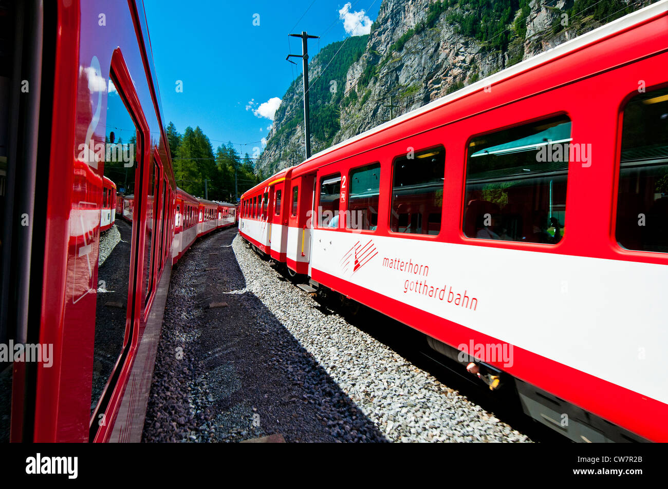 Matterhorn Gotthard Bahn train to Zermatt, Wallis, Valais, Switzerland Stock Photo
