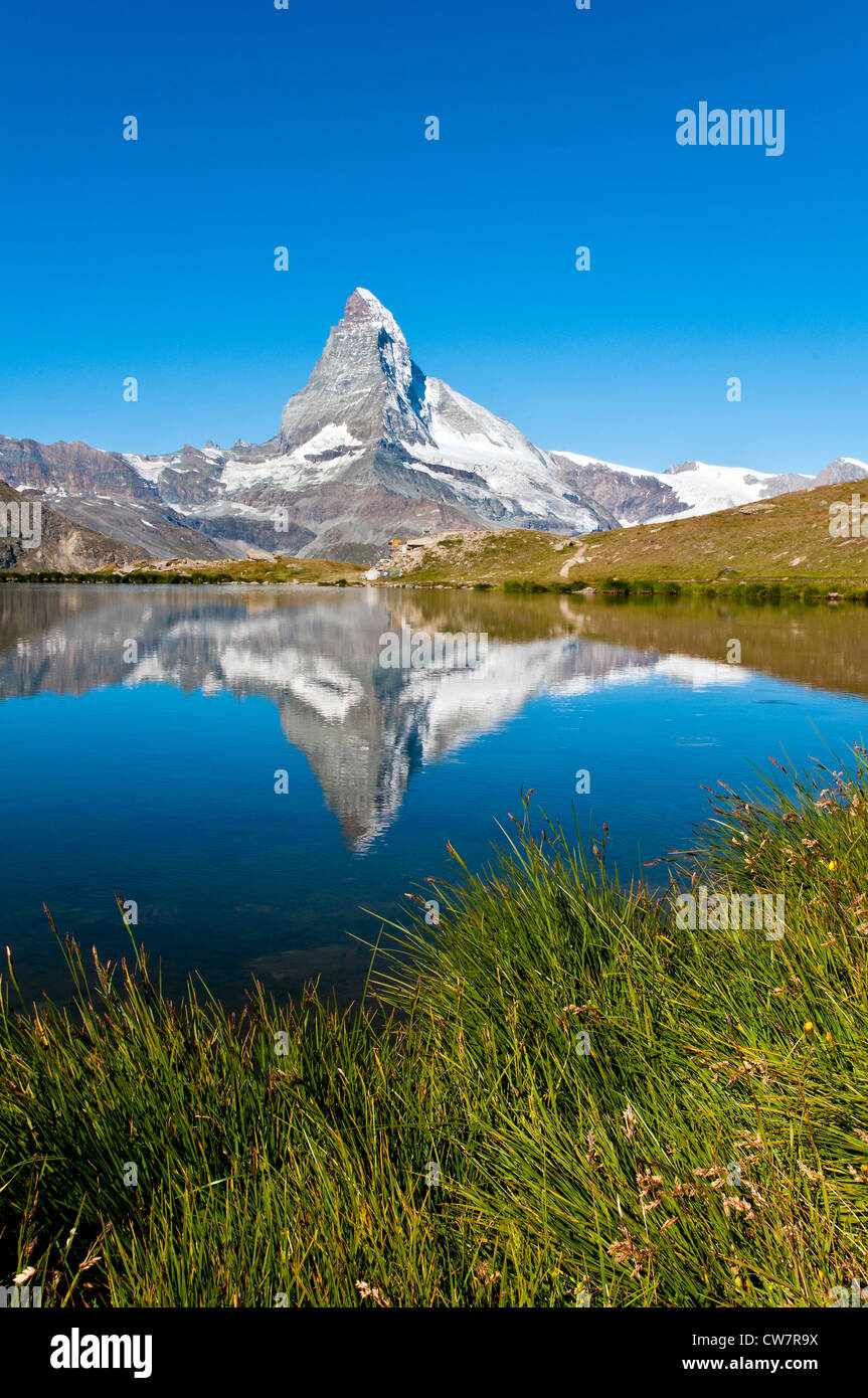 Stellisee lake with Matterhorn reflected in the background, Zermatt, Wallis or Valais, Switzerland Stock Photo