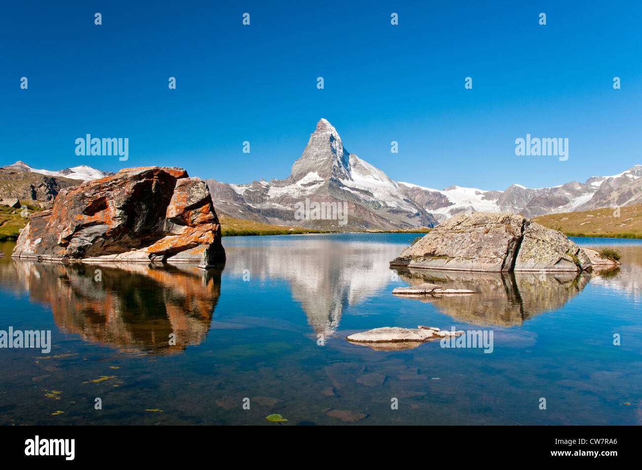 Stellisee lake with Matterhorn reflected in the background, Zermatt, Wallis or Valais, Switzerland Stock Photo