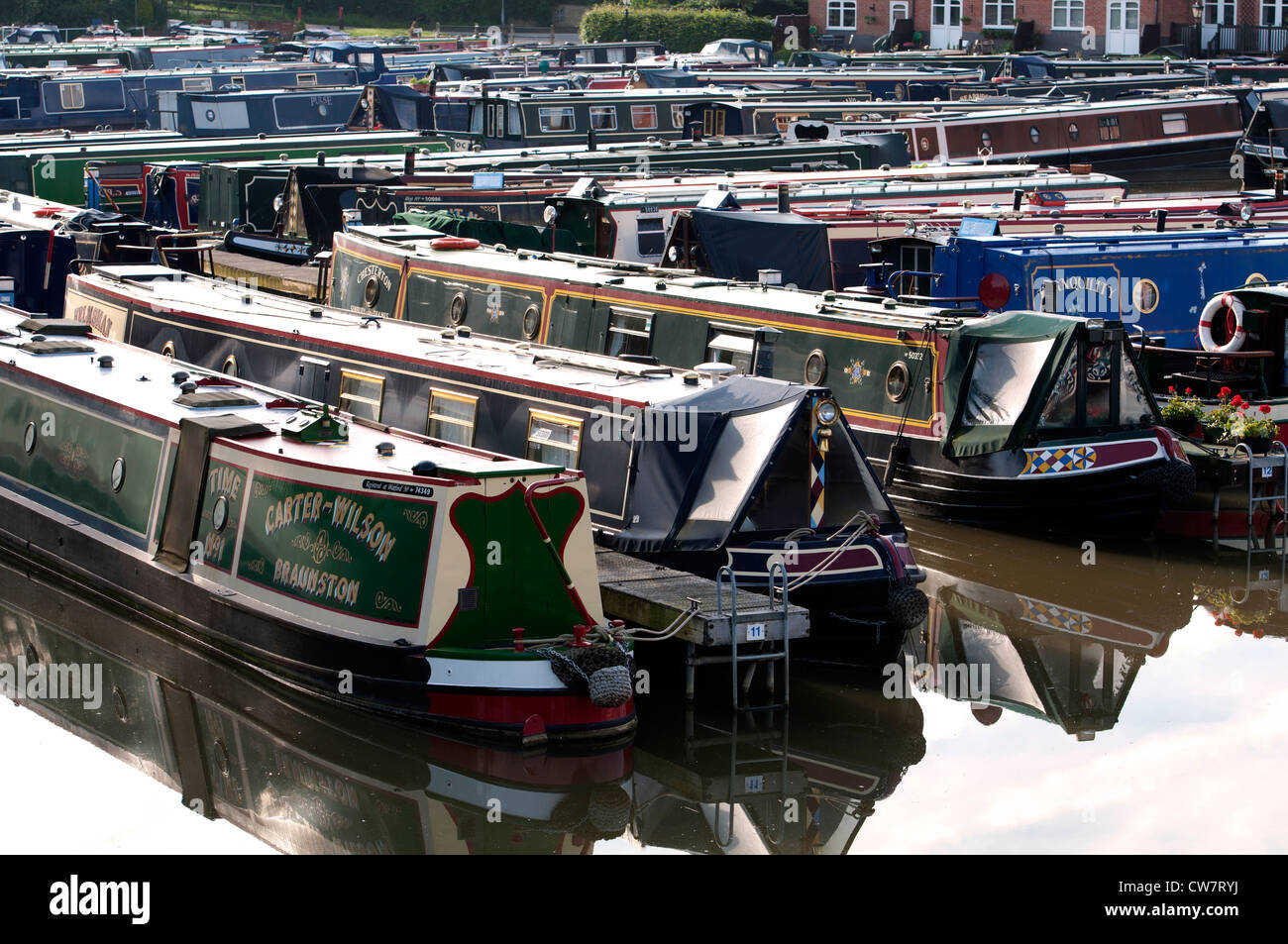 Narrowboats moored in Braunston Marina, Northamptonshire, UK Stock Photo