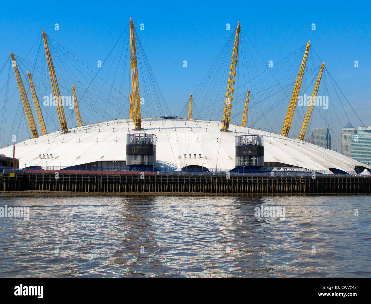 The Greenwich O2 Dome, London, Canary Wharf in background 2 Stock Photo