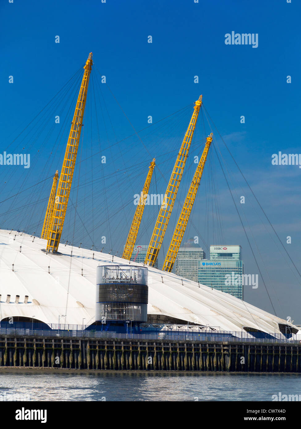 The Greenwich O2 Dome, London, Canary Wharf in background Stock Photo