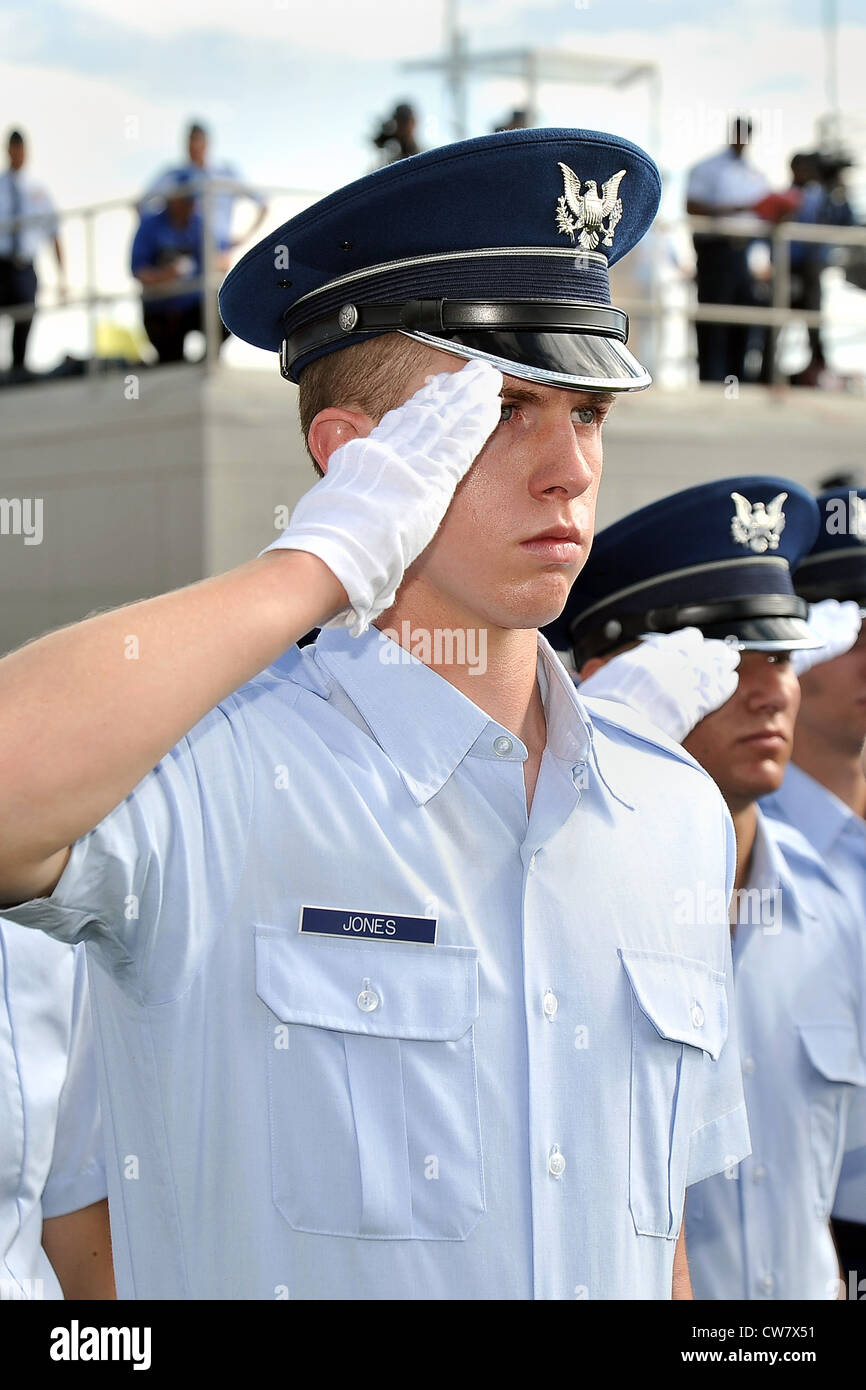 Basic cadet Stephen Jones salutes during the Class of 2016 Acceptance Parade on the U.S. Air Force Academy's Stillman Parade Field in Colorado Springs, Colo. Aug 7, 2012. During Acceptance, the new freshmen march toward the Cadet Wing in an inverse wedge formation to signify their entrance into the Cadet Wing. Stock Photo