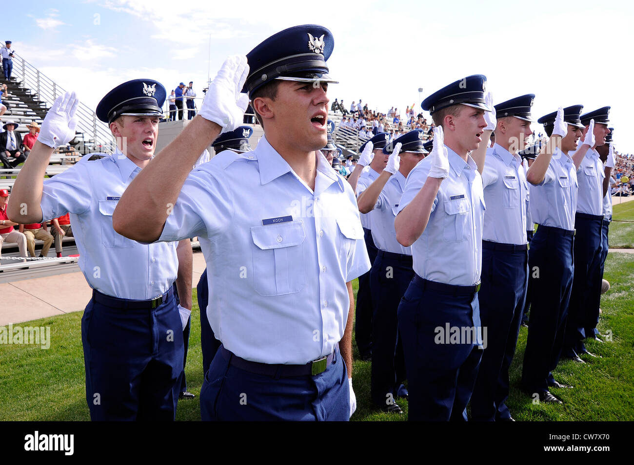 Basic cadet Jared Koch recites the Honor Oath during the Class of 2016 Acceptance Parade on the U.S. Air Force Academy's Stillman Parade Field in Colorado Springs, Colo. Aug 7, 2012. During Acceptance, the new freshmen march toward the Cadet Wing in an inverse wedge formation to signify their entrance into the Cadet Wing. Stock Photo