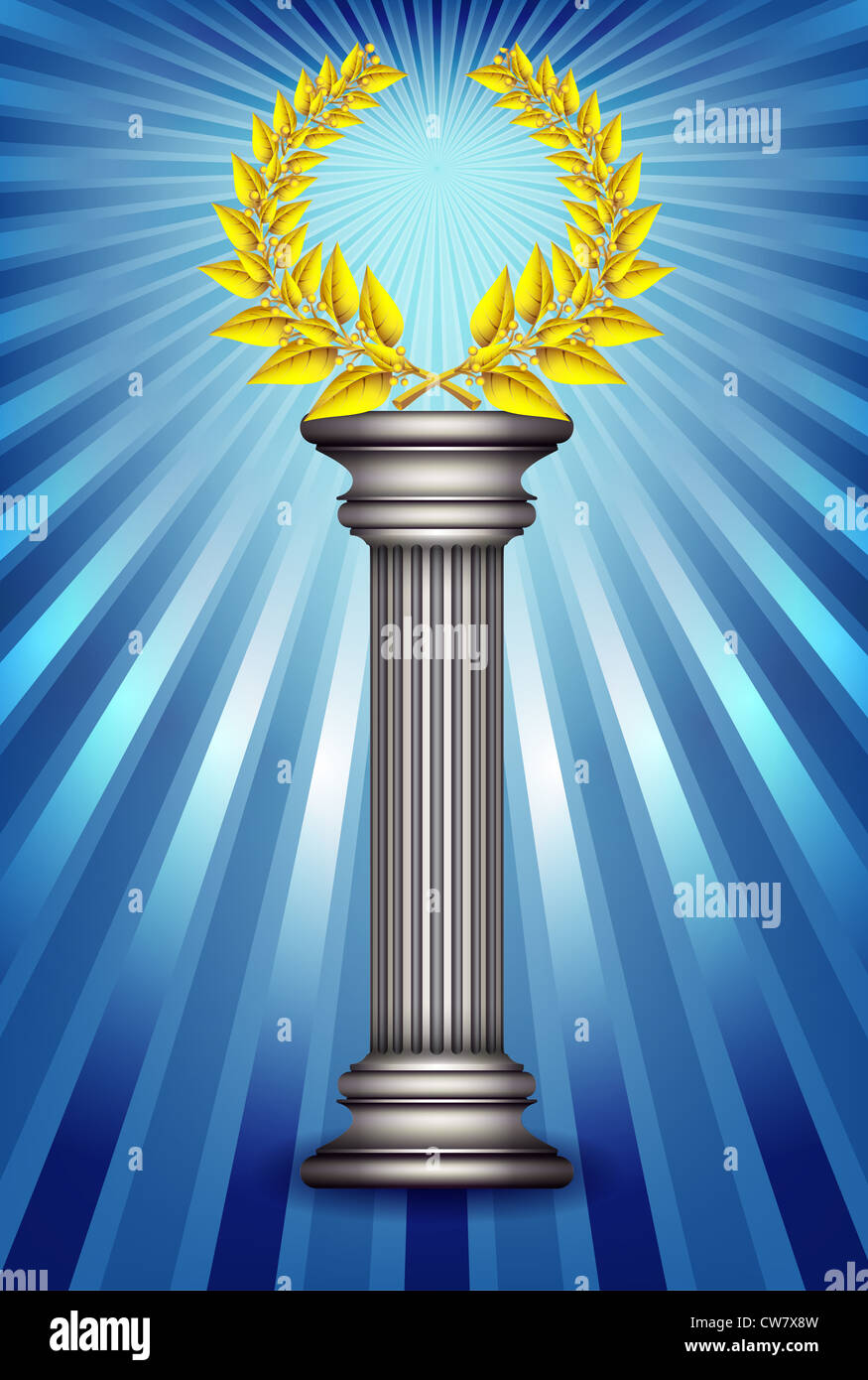 Award column with golden winner laurel wreath over sky blue rays background. Illustration Stock Photo