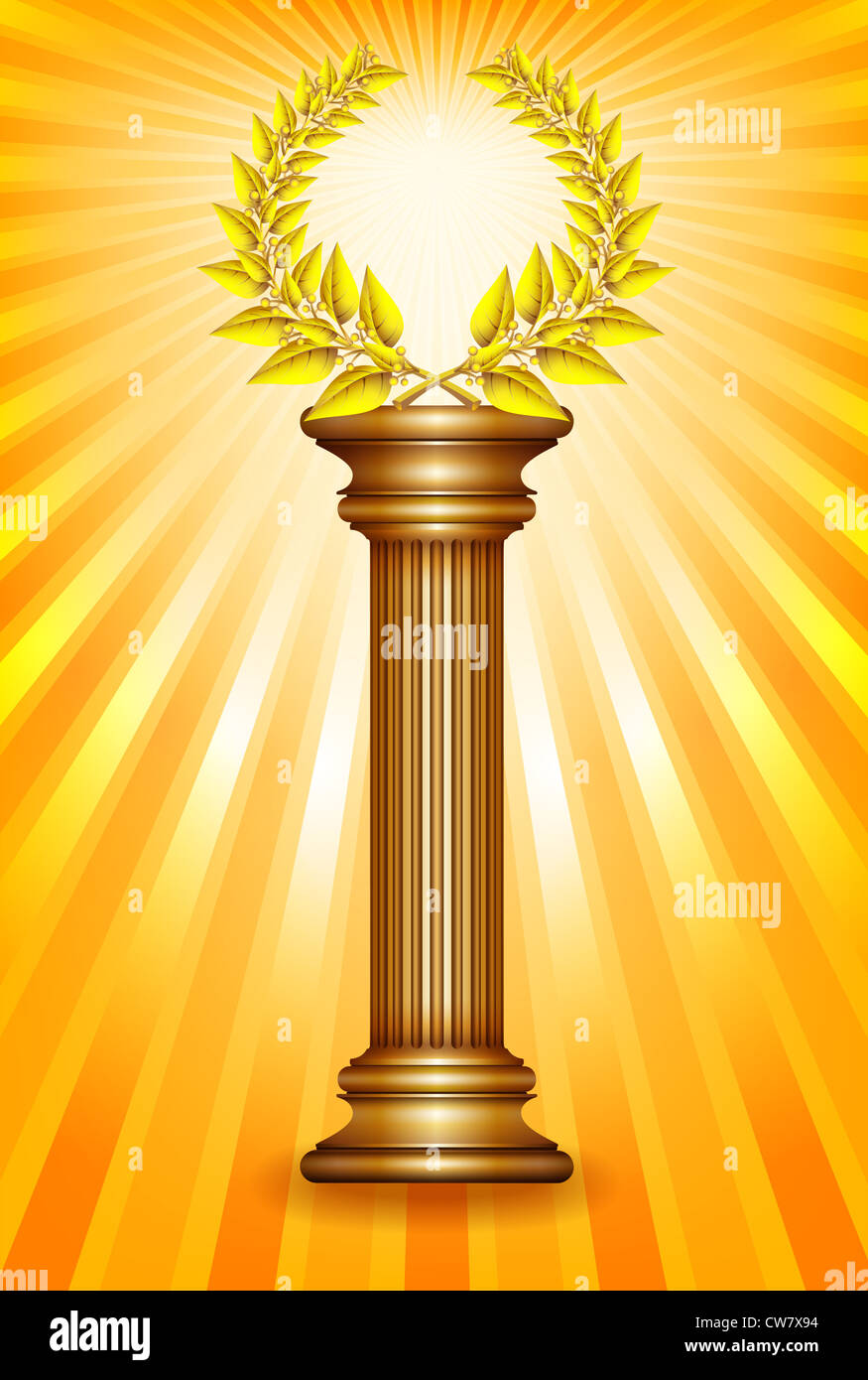 Award column with golden winner laurel wreath over sun rays background.Illustration Stock Photo