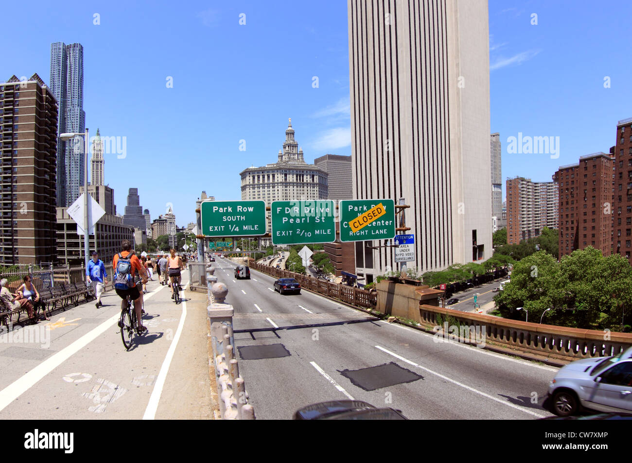 Approaching the Manhattan side of the Brooklyn Bridge New York City Stock Photo