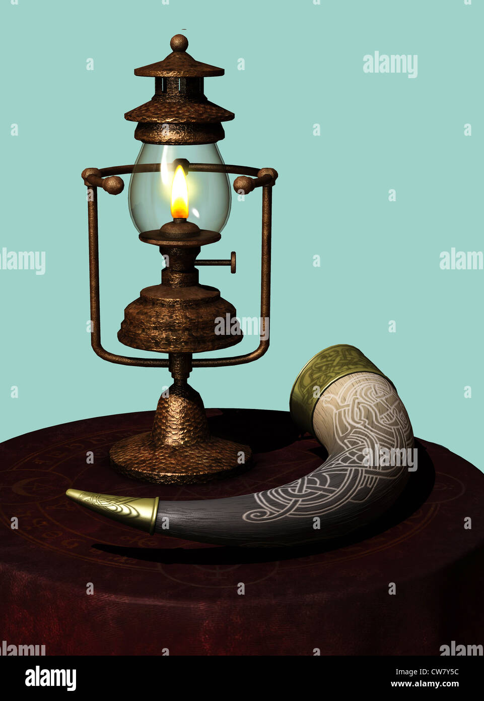 oil lamp and drinkinghorn on the table Stock Photo Alamy