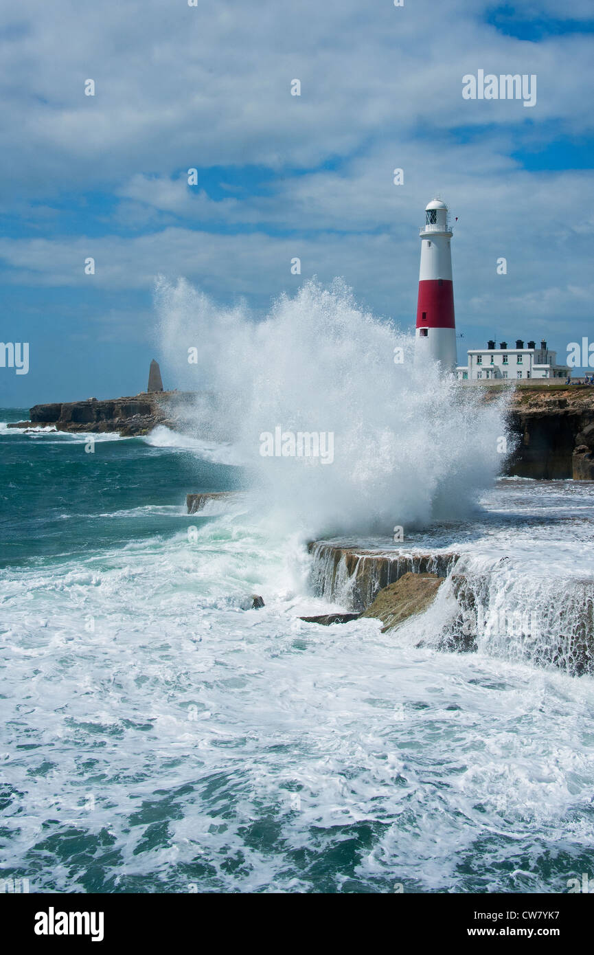 Portland lighthouse during high waves Stock Photo
