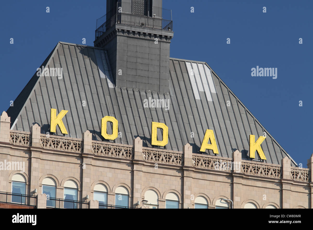 KODAK Sign. Eastman Kodak Company, Rochester, New York, USA. Top of World Headquarters building. Stock Photo