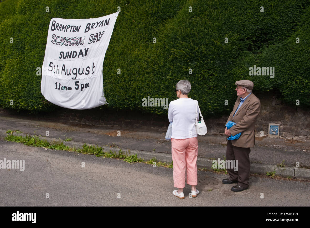 Roadside sign for Scarecrow Day at village fete in village of Brampton Bryan Herefordshire England UK Stock Photo