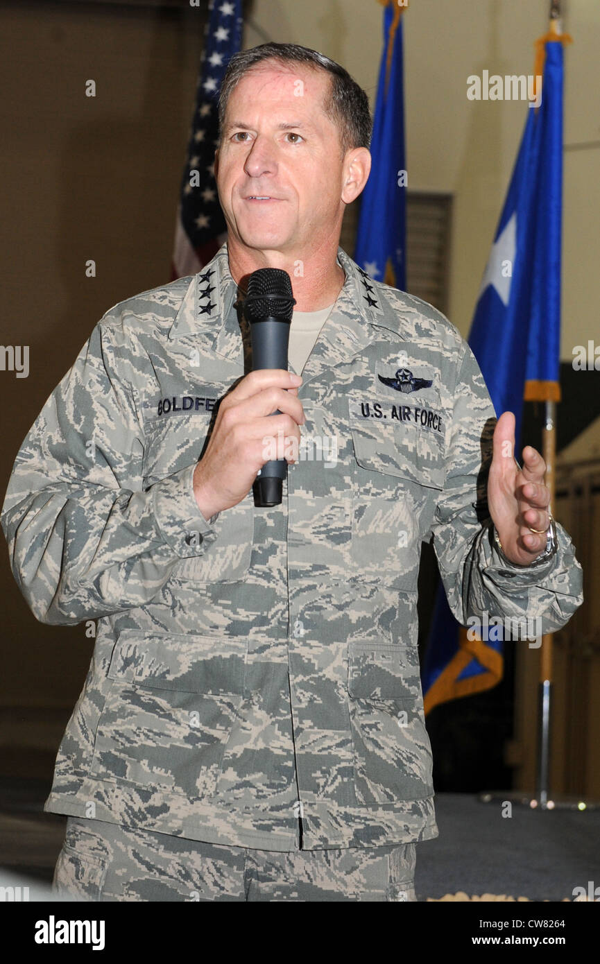 SOUTHWEST ASIA - U.S. Air Force Lt. Gen. David Goldfein, U.S. Air Forces Central Command and Combined Forces Air Component Commander, speaks to members of the 380th Expeditionary Maintenance Group Aug. 15, 2012. Goldfein was at the 380th Air Expeditionary Wing to meet with maintainers and officiate a change of command ceremony. Stock Photo