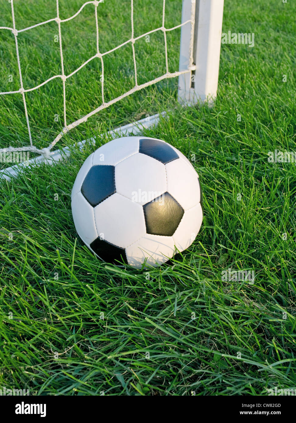 Classic soccer ball in the goal net Stock Photo