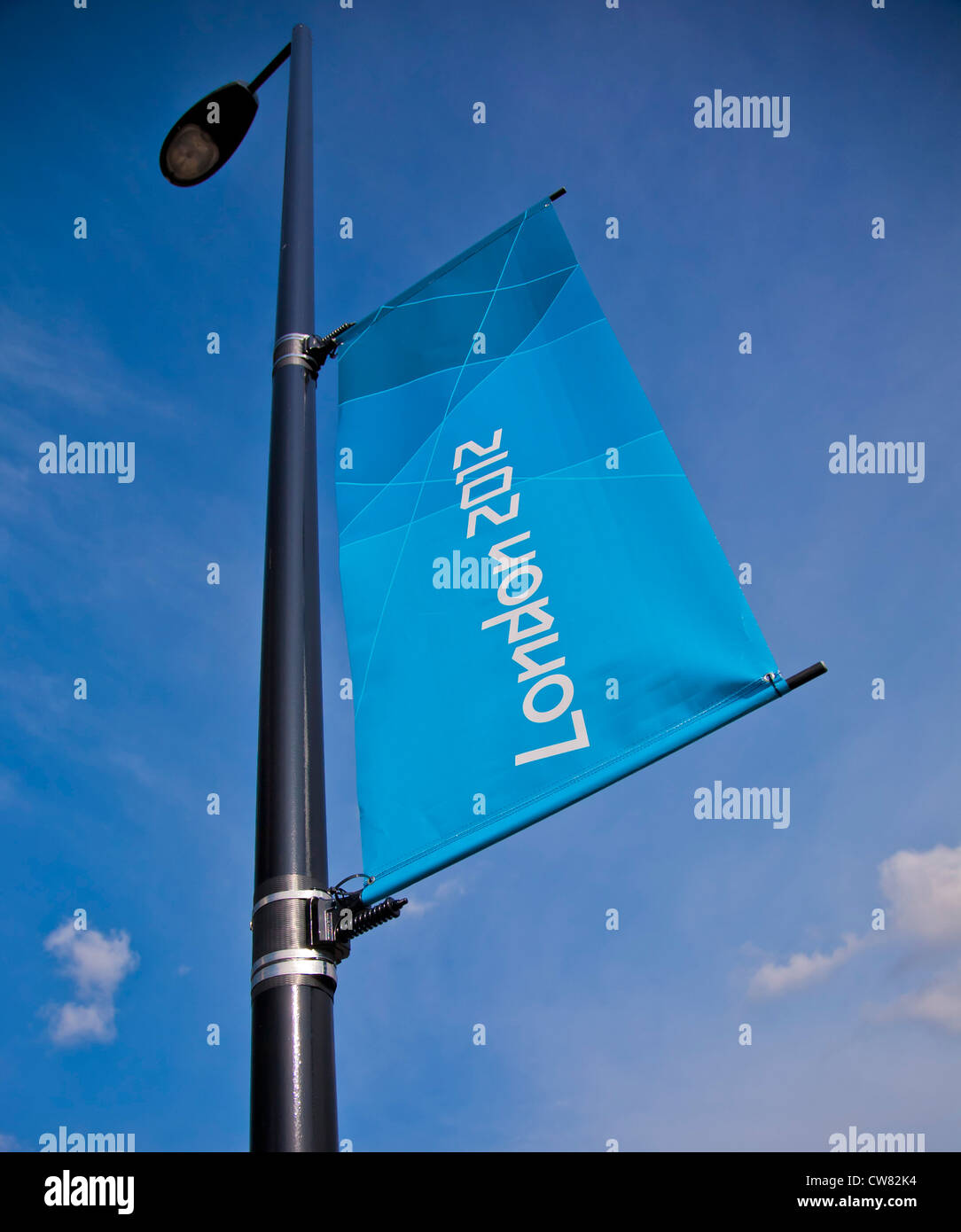 London 2012 Olympics road sign on lamp post, Stratford, London, England