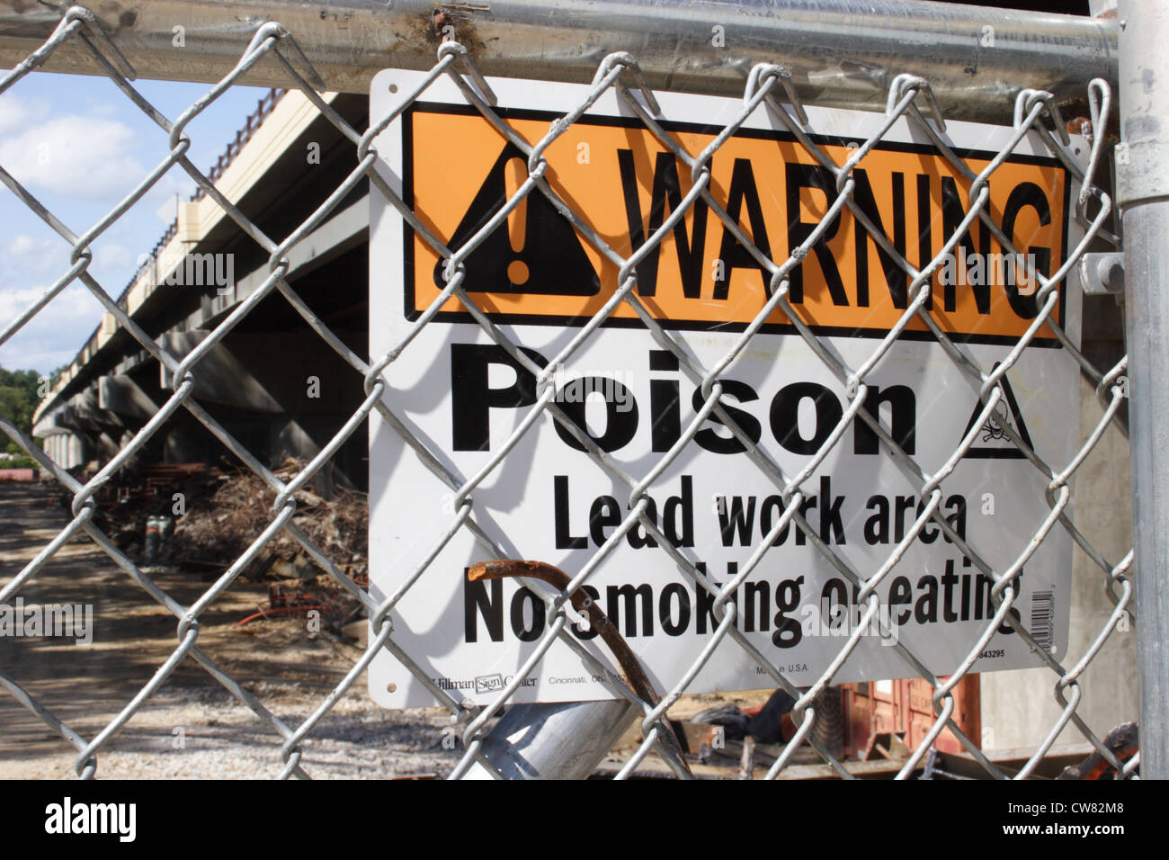 Sign warning of Lead during the Demolition of Huguenot bridge in Richmond, Virginia ,2012 Stock Photo