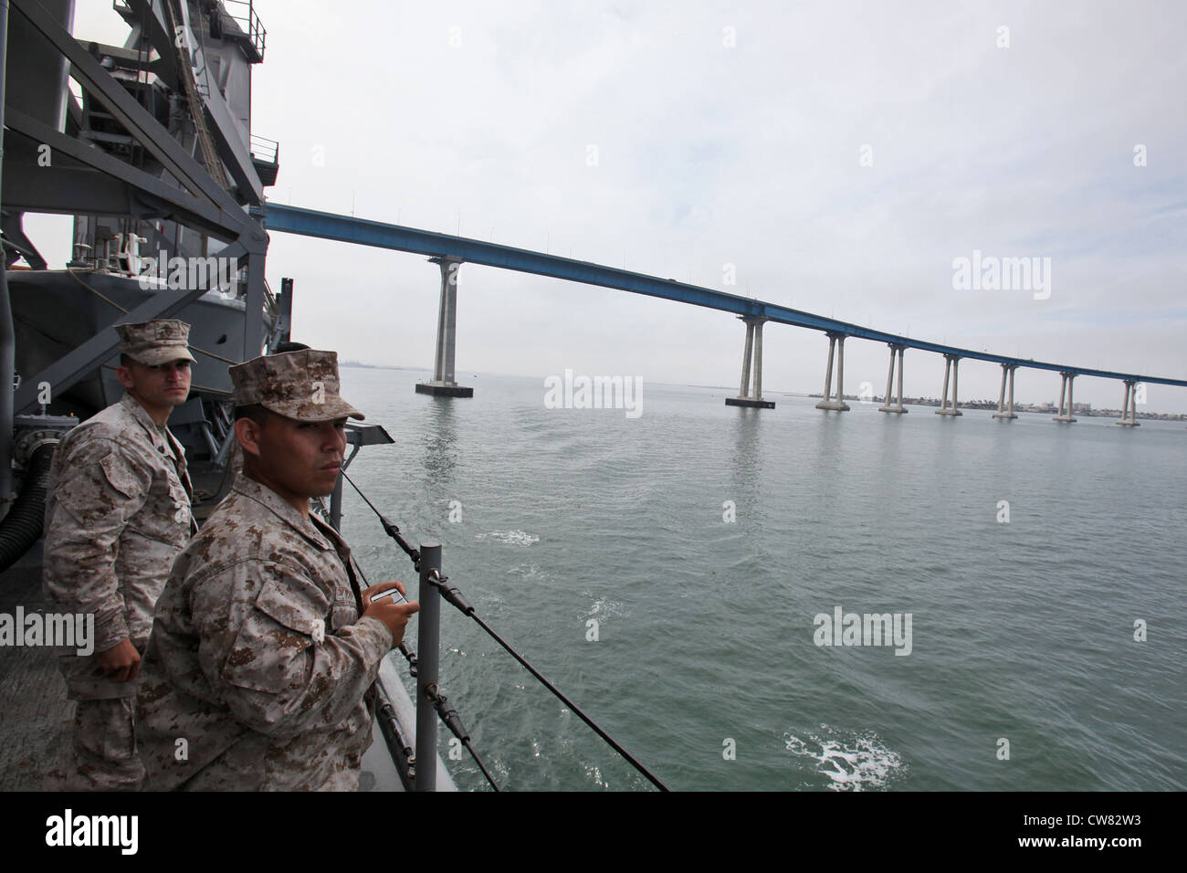 Marines from the 15th Marine Expeditionary Unit watch as the USS Rushmore leaves Naval Base San Diego, Calif., to begin the 15th MEUâ€™s Certification Exercise, Aug. 15. The CERTEX is the MEUâ€™s final training exercise before deploying later this year. The two-week training evolution evaluates the unitâ€™s ability to complete missions it may face while forward deployed. Stock Photo