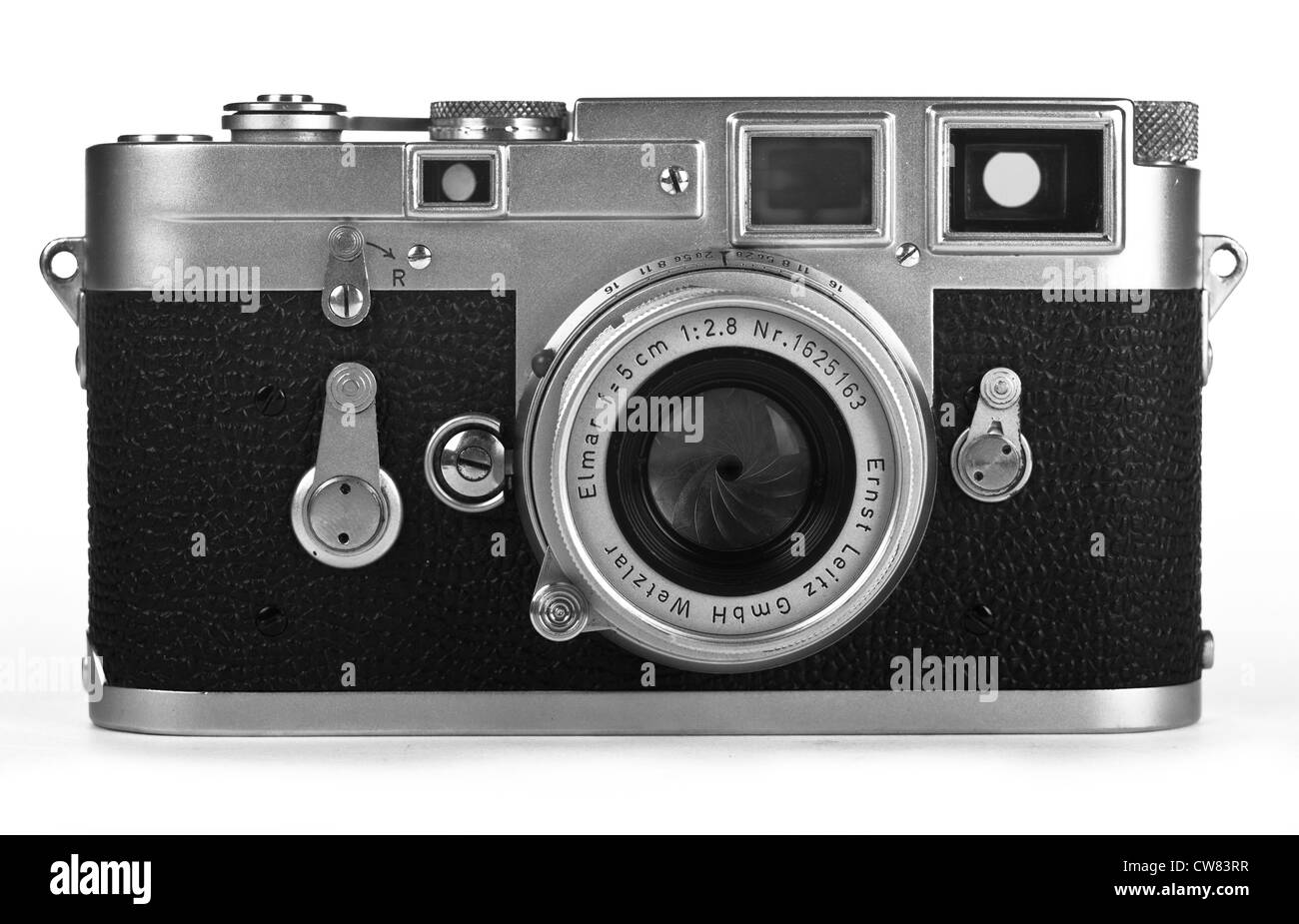 Leica M3 Leitz Rangefinder camera on White Background with Collapsible Elmar 50mm f2.8 M Lens B & W Stock Photo