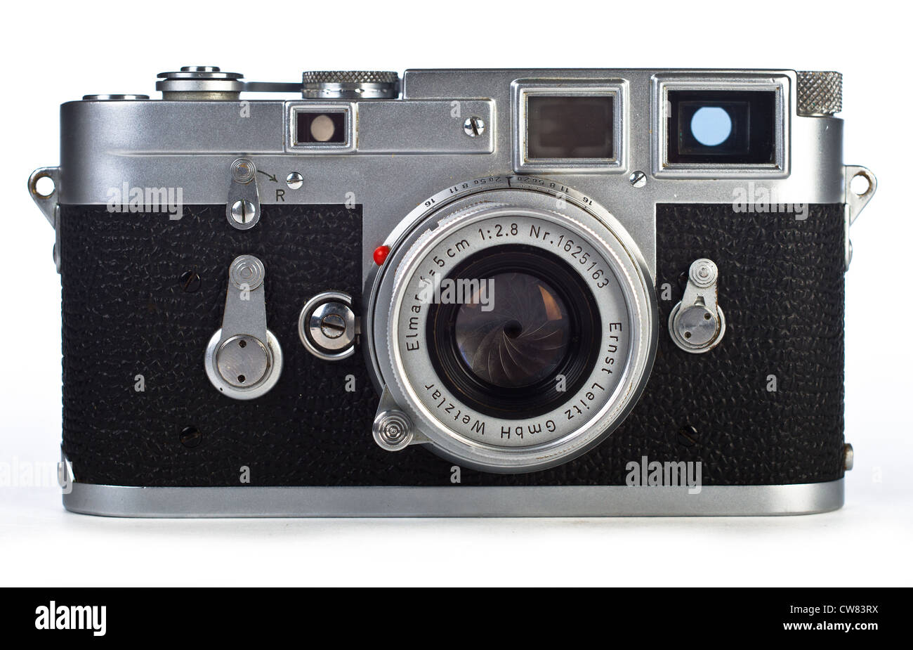 Leica M3 Leitz Rangefinder camera on White Background with Collapsible Elmar 50mm f2.8 M Lens Stock Photo