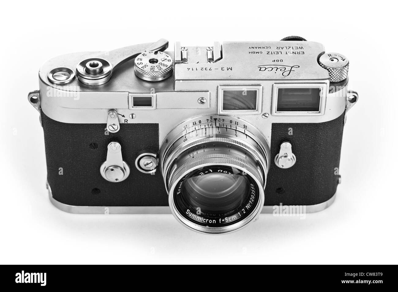 Leica M3 Leitz Rangefinder camera on White Background with Collapsible Summicron 50mm f2 M Lens B & W Stock Photo